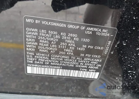 2025 Volkswagen Atlas 2.0T Se W/Technology z USA, uszkodzony, nr VIN 1V2HR2CA9SC508881